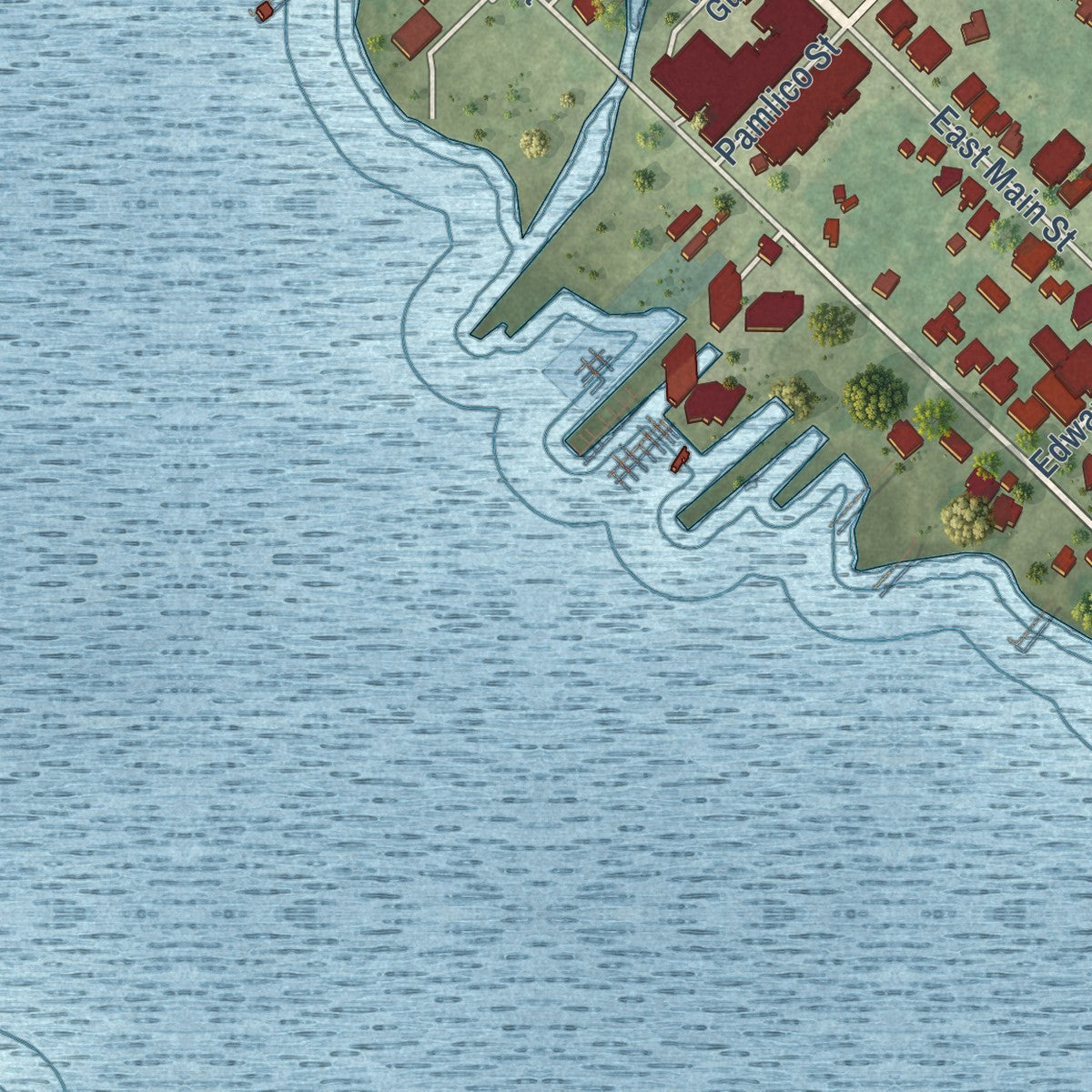 Second close-up of the map of Belhaven, North Carolina print showing more streets and buildings