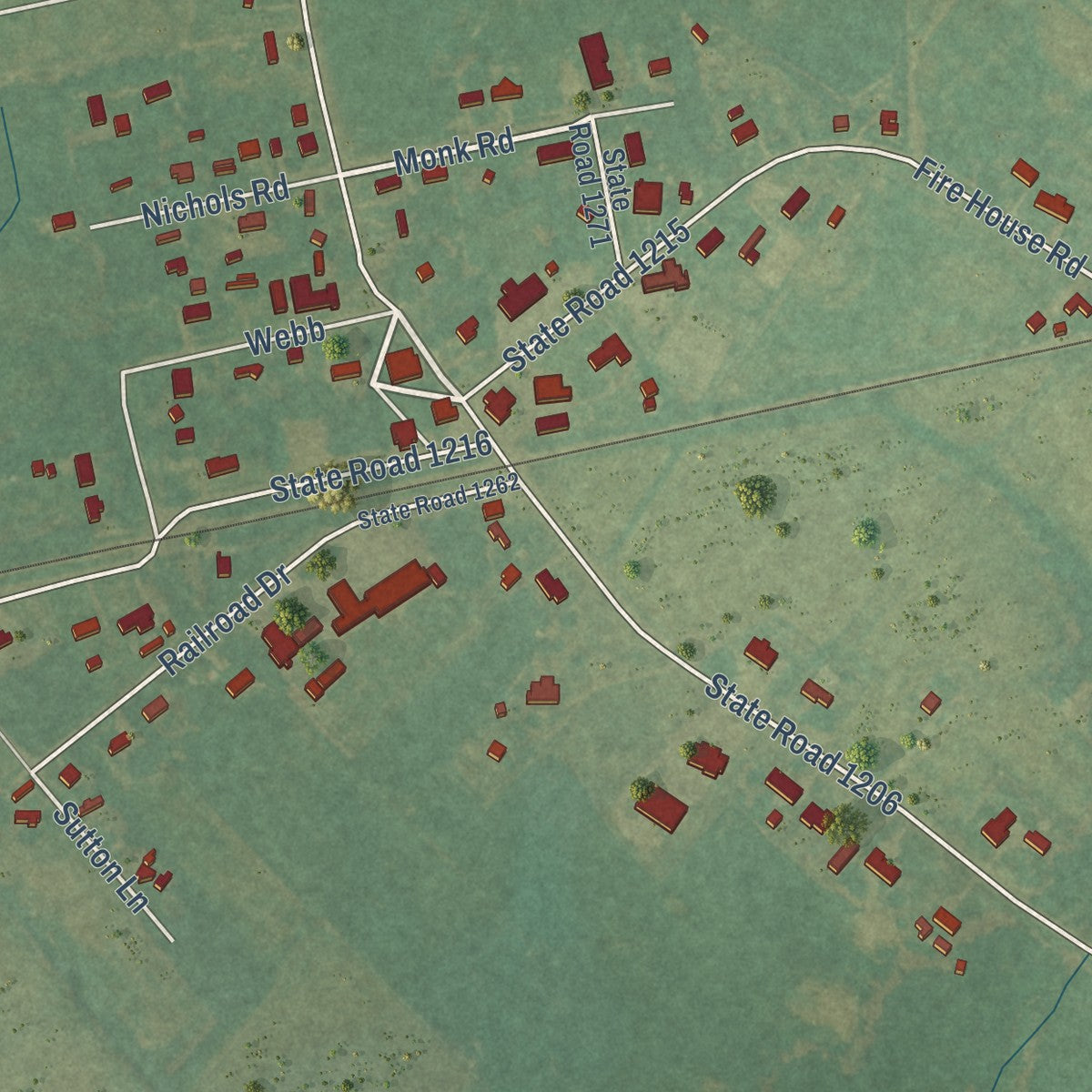 Close-up of the map of Bell Arthur, North Carolina print showing street and building detail