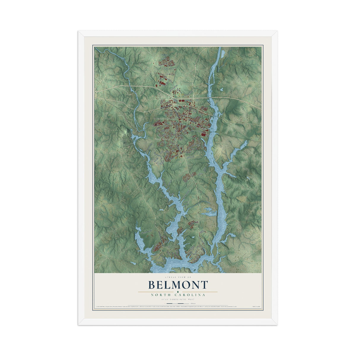 Map of Belmont, North Carolina, 12 x 18 inch print in a white wood frame