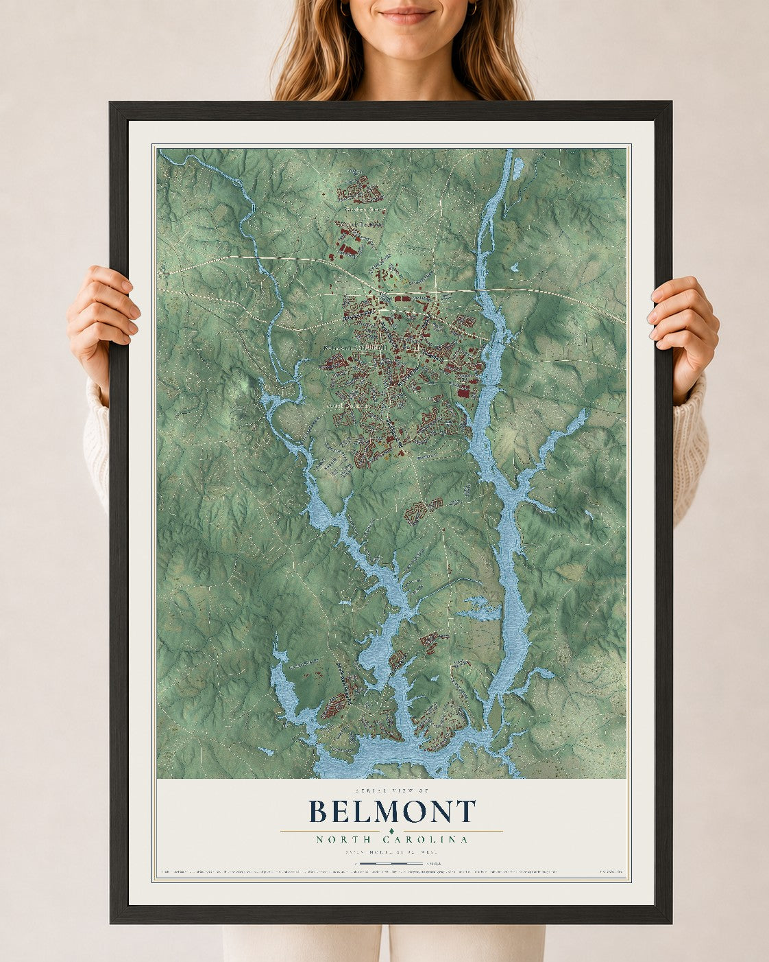 Map of Belmont, North Carolina, 24 x 36 inch print in a black wood frame