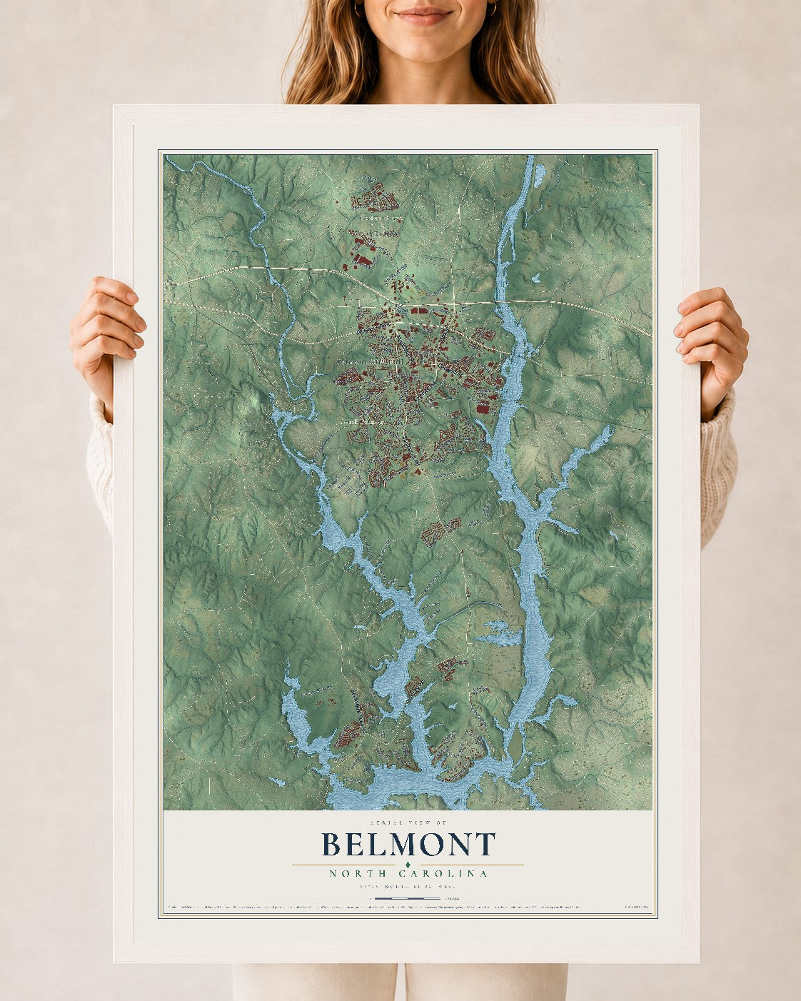 Map of Belmont, North Carolina, 24 x 36 inch print in a white wood frame