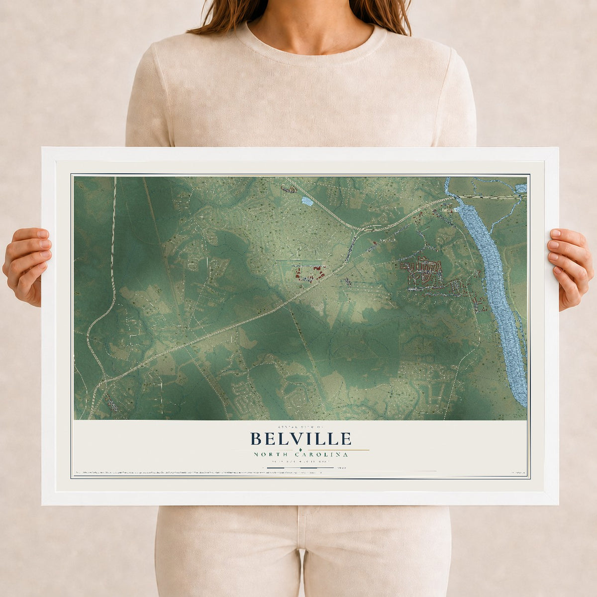 Map of Belville, North Carolina, 12 x 18 inch print in a white wood frame