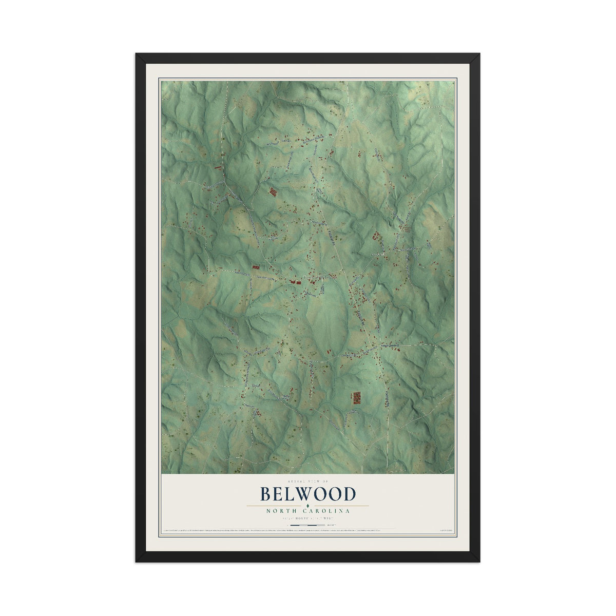 Map of Belwood, North Carolina, 12 x 18 inch print in a black wood frame