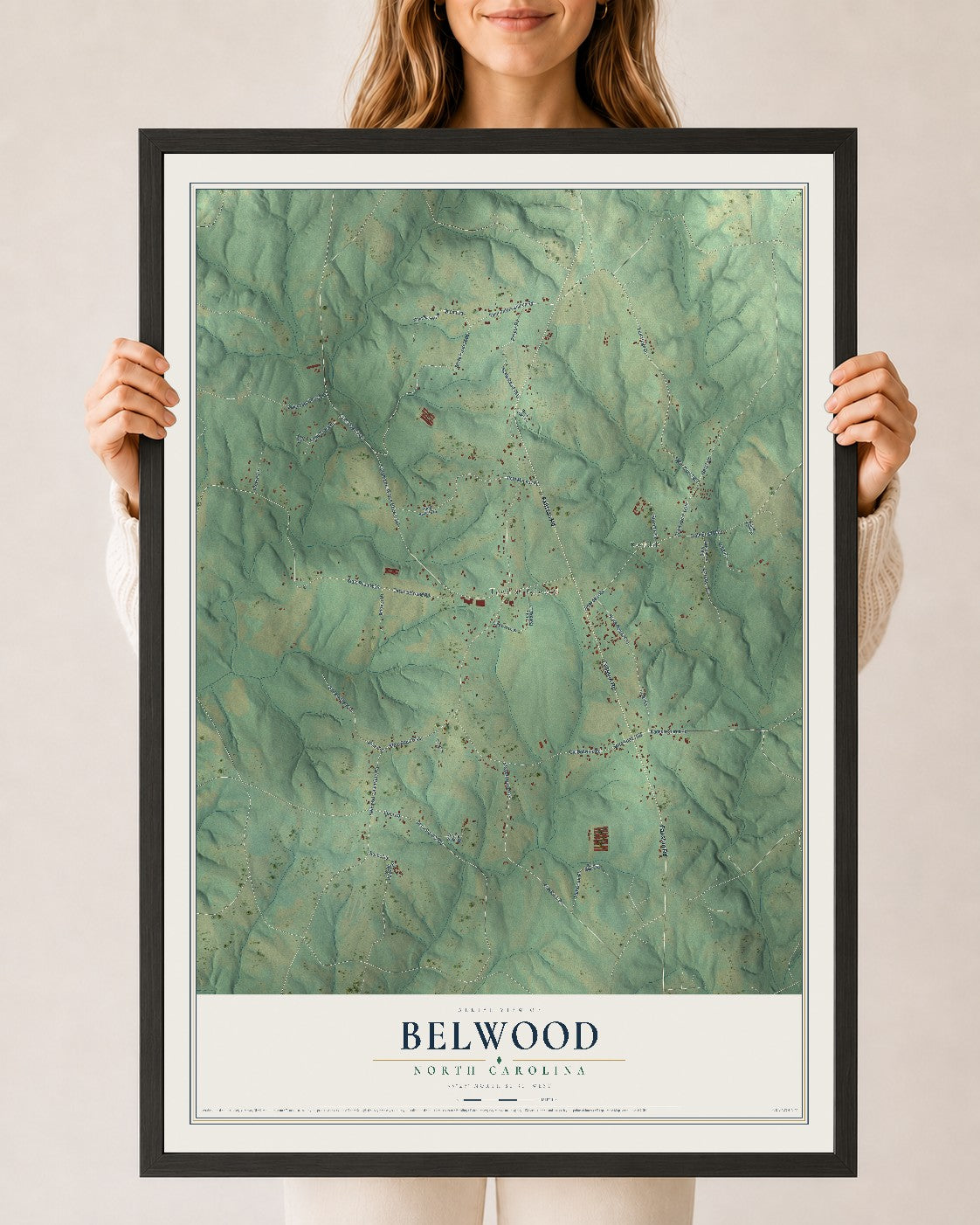 Map of Belwood, North Carolina, 24 x 36 inch print in a black wood frame