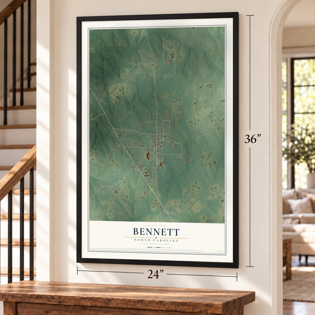 Bennett, North Carolina map, 24 x 36 inch print in a black frame by a staircase