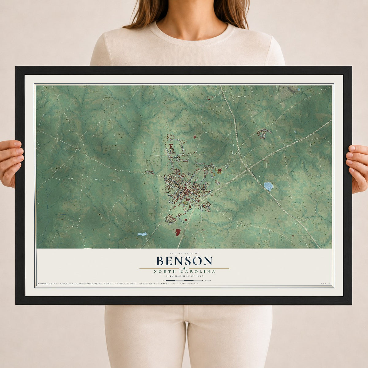Map of Benson, North Carolina, 18 x 24 inch print in a black wood frame