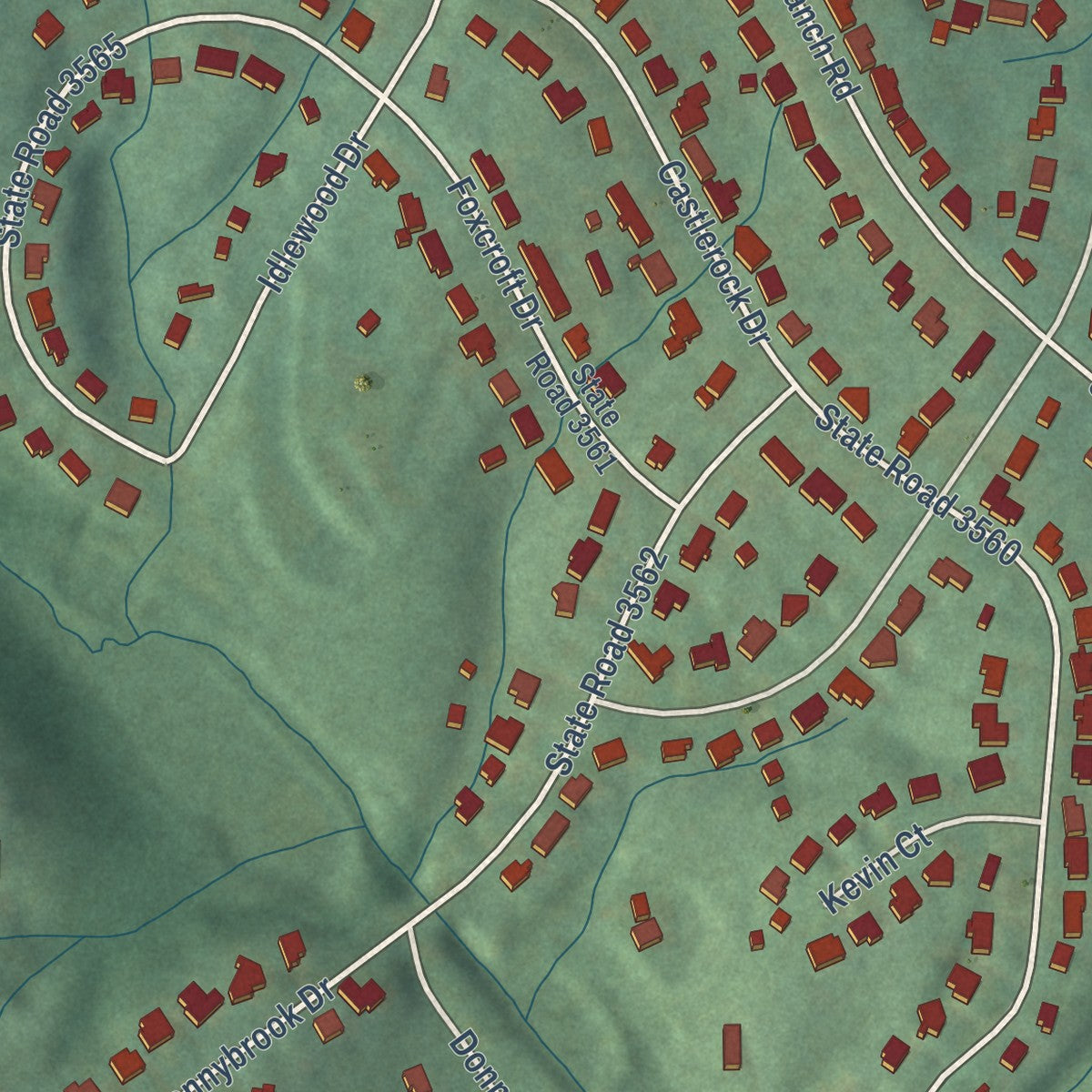 Close-up of the map of Bent Creek, North Carolina print showing street and building detail
