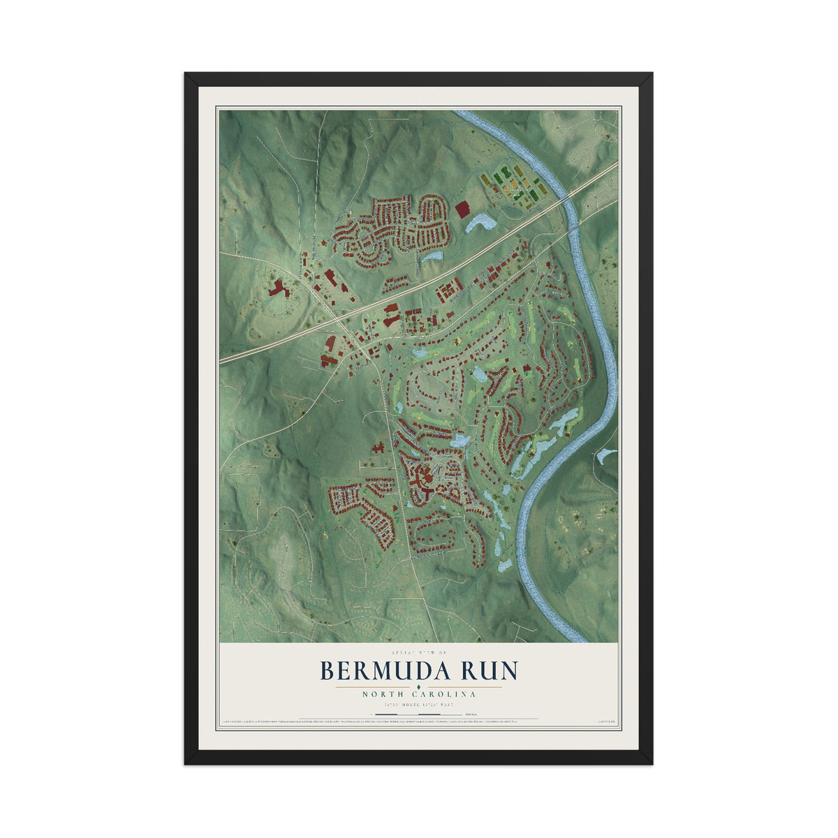 Map of Bermuda Run, North Carolina, 12 x 18 inch print in a black wood frame