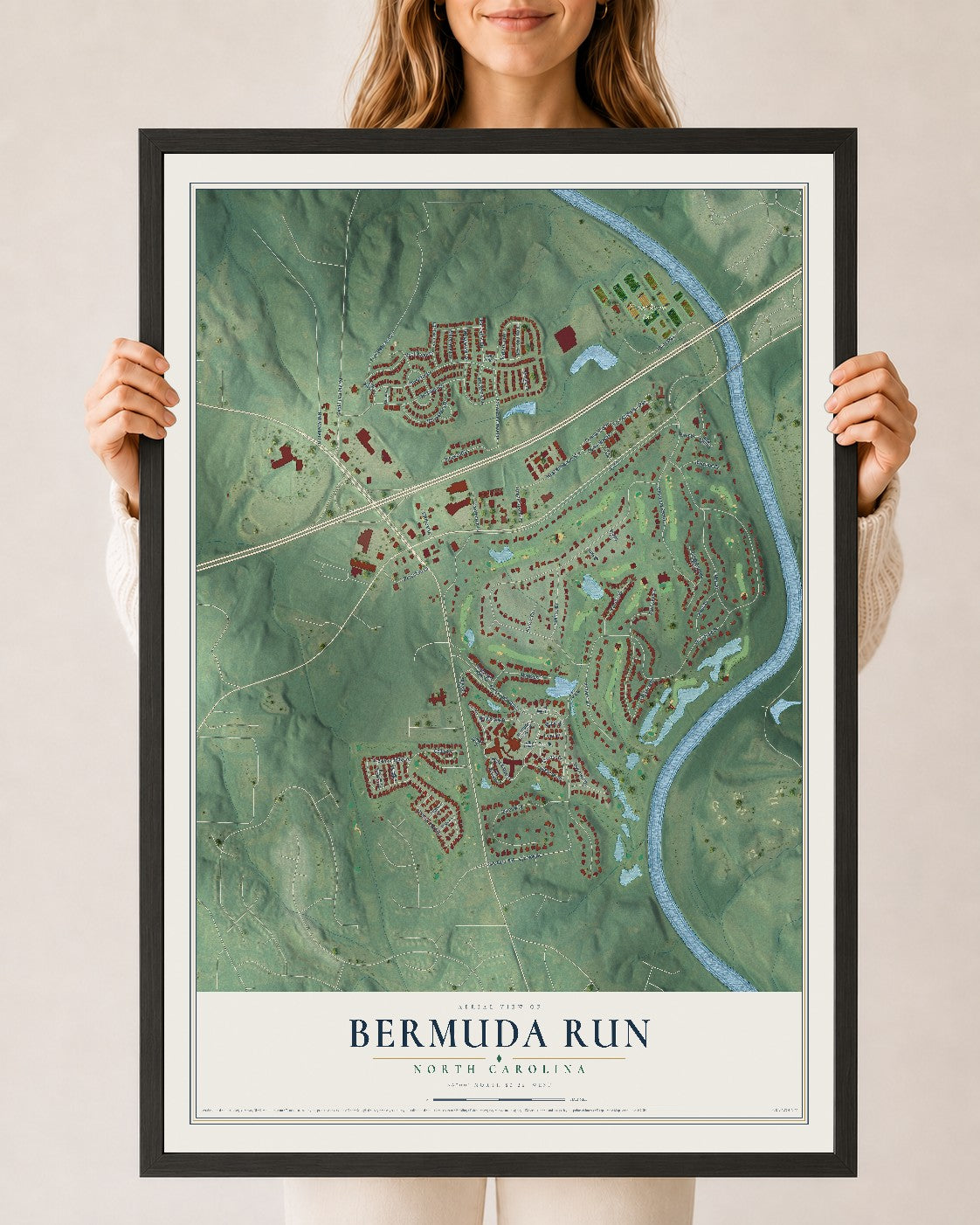 Map of Bermuda Run, North Carolina, 24 x 36 inch print in a black wood frame