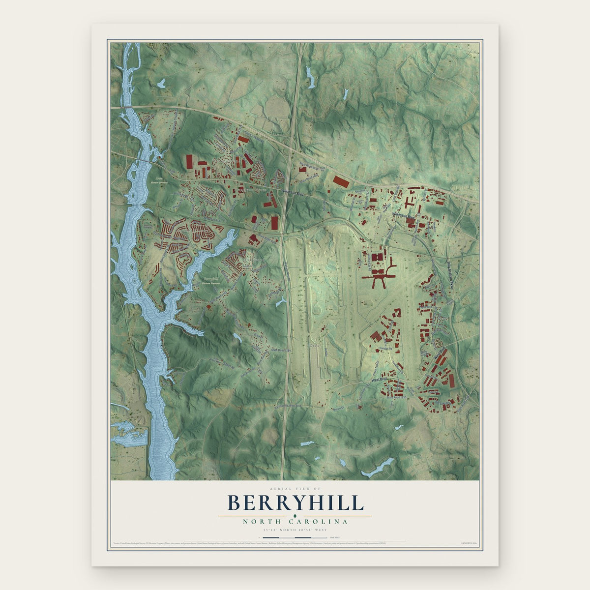 Berryhill, North Carolina map print, the full design