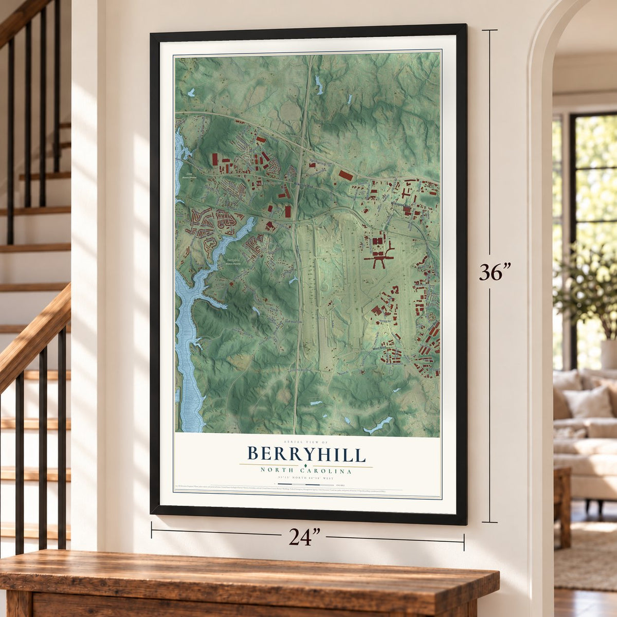 Berryhill, North Carolina map, 24 x 36 inch print in a black frame by a staircase