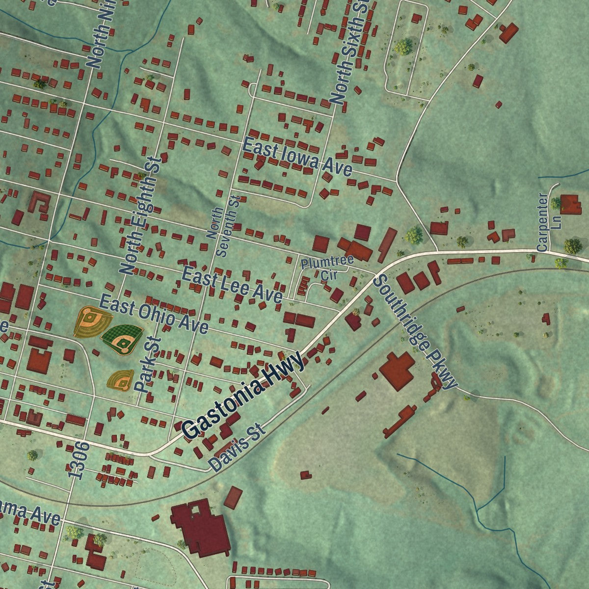 Second close-up of the map of Bessemer City, North Carolina print showing more streets and buildings