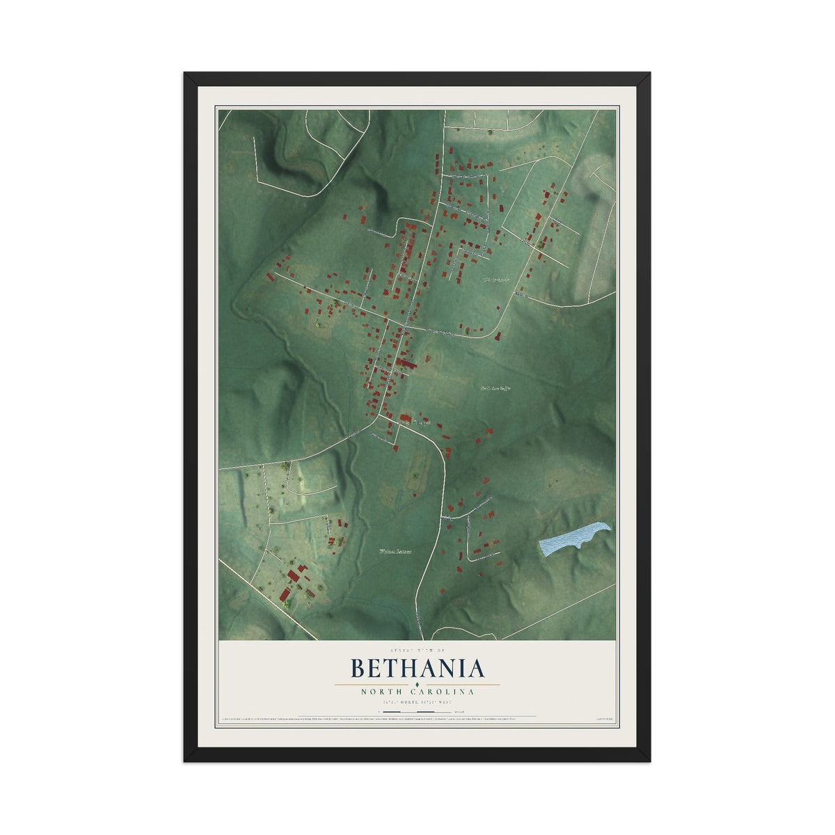 Map of Bethania, North Carolina, 12 x 18 inch print in a black wood frame