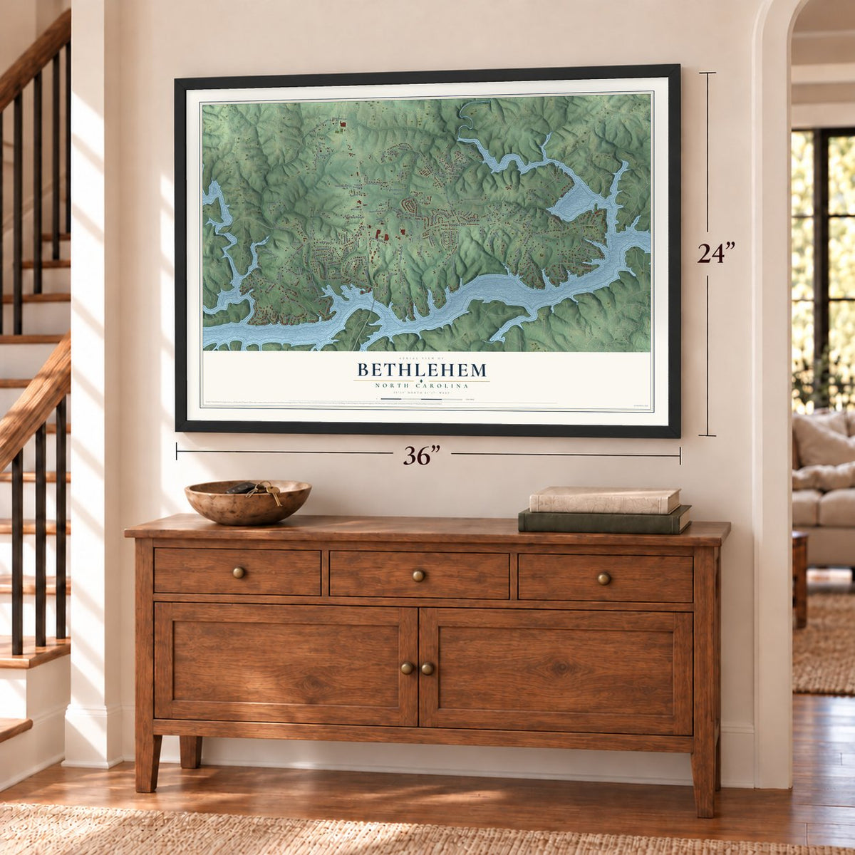 Bethlehem, North Carolina map, 24 x 36 inch print in a black frame above a dresser by a staircase