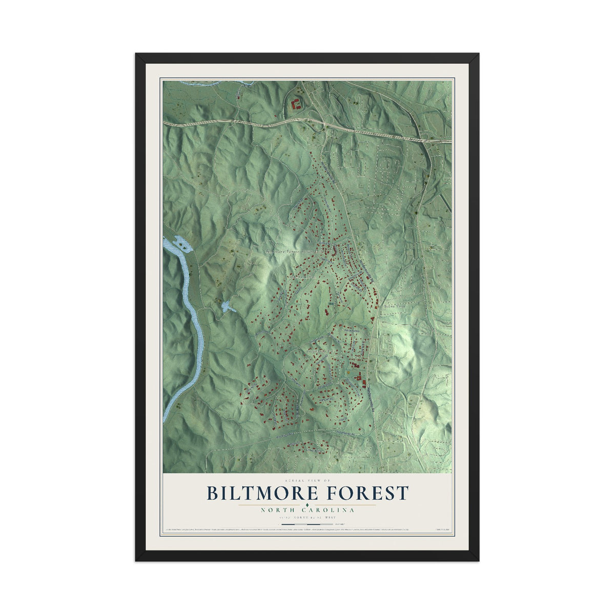Map of Biltmore Forest, North Carolina, 12 x 18 inch print in a black wood frame