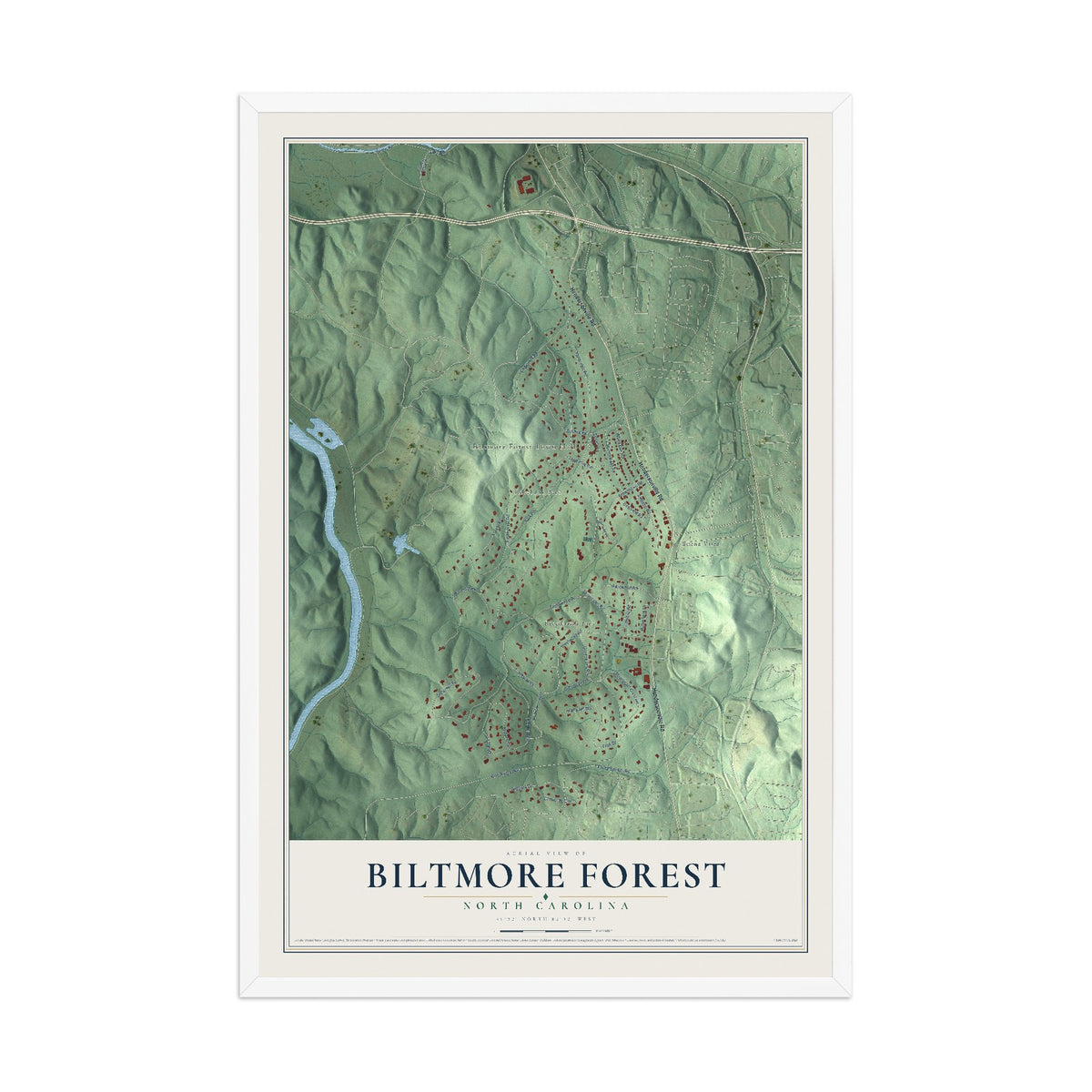 Map of Biltmore Forest, North Carolina, 12 x 18 inch print in a white wood frame