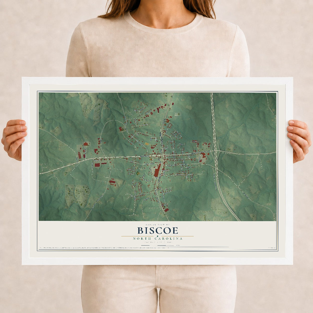 Map of Biscoe, North Carolina, 12 x 18 inch print in a white wood frame