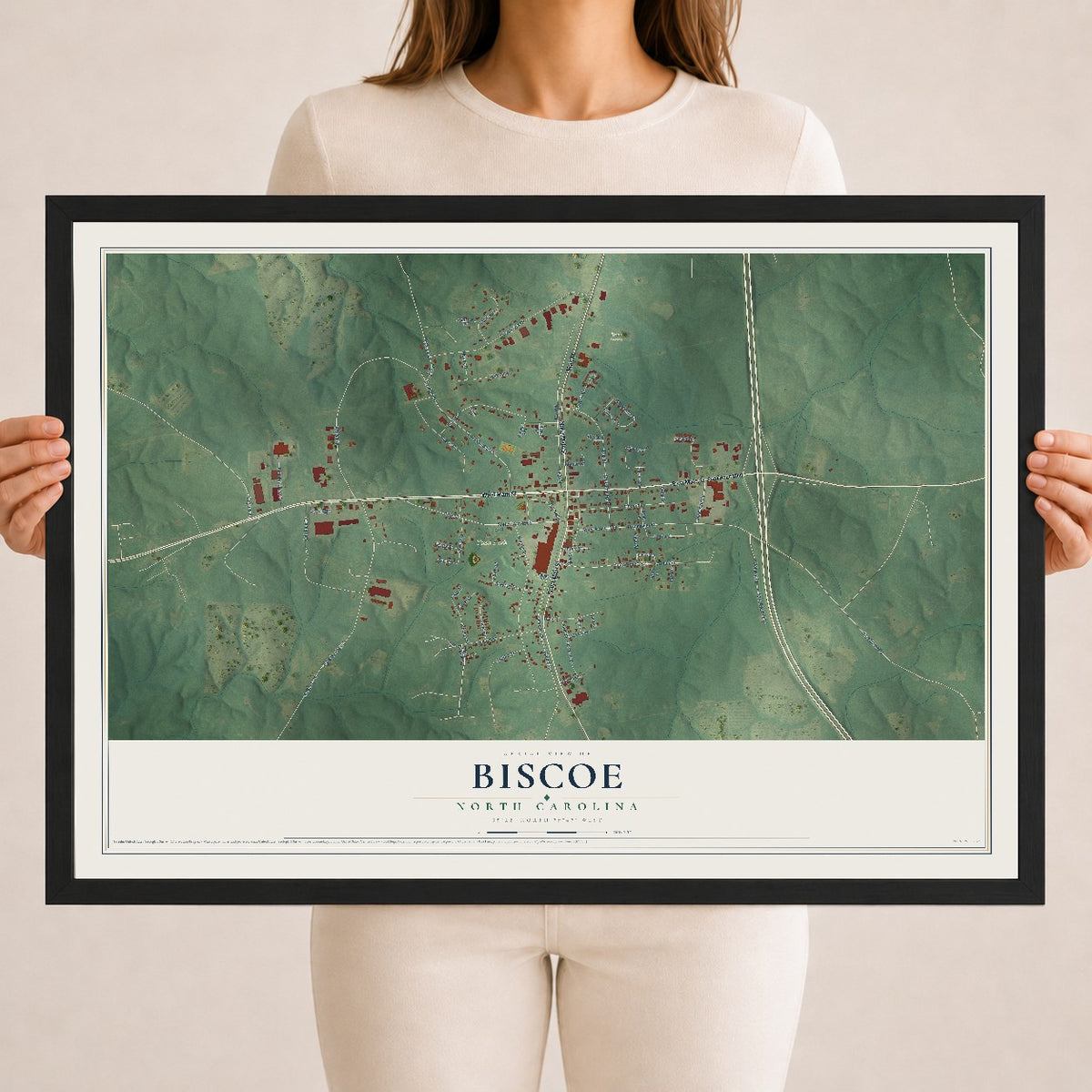 Map of Biscoe, North Carolina, 18 x 24 inch print in a black wood frame