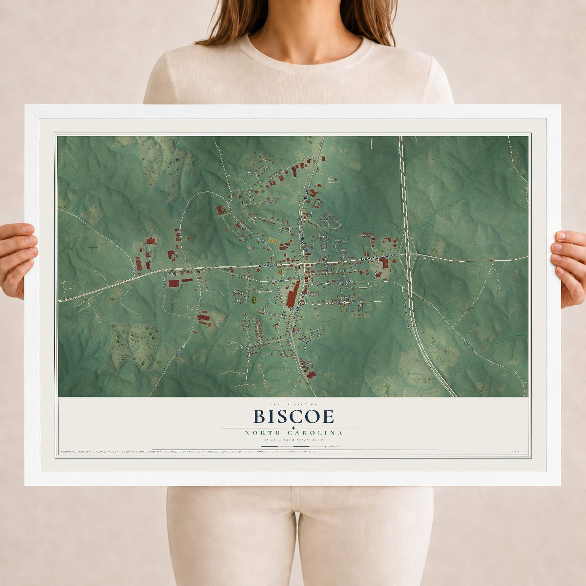 Map of Biscoe, North Carolina, 18 x 24 inch print in a white wood frame