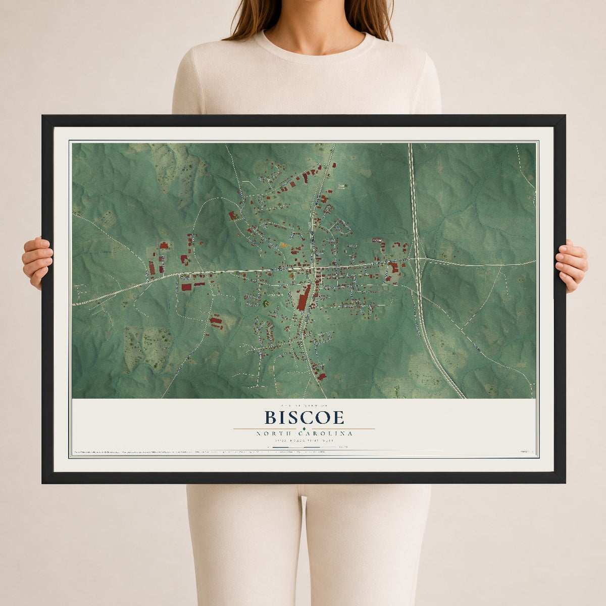Map of Biscoe, North Carolina, 24 x 36 inch print in a black wood frame