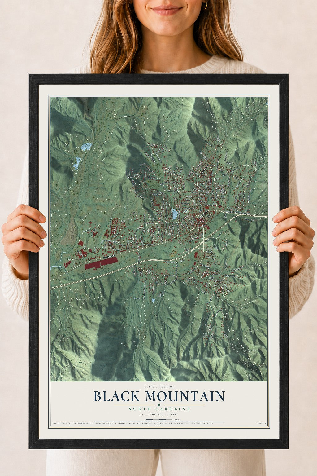 Map of Black Mountain, North Carolina, 18 x 24 inch print in a black wood frame