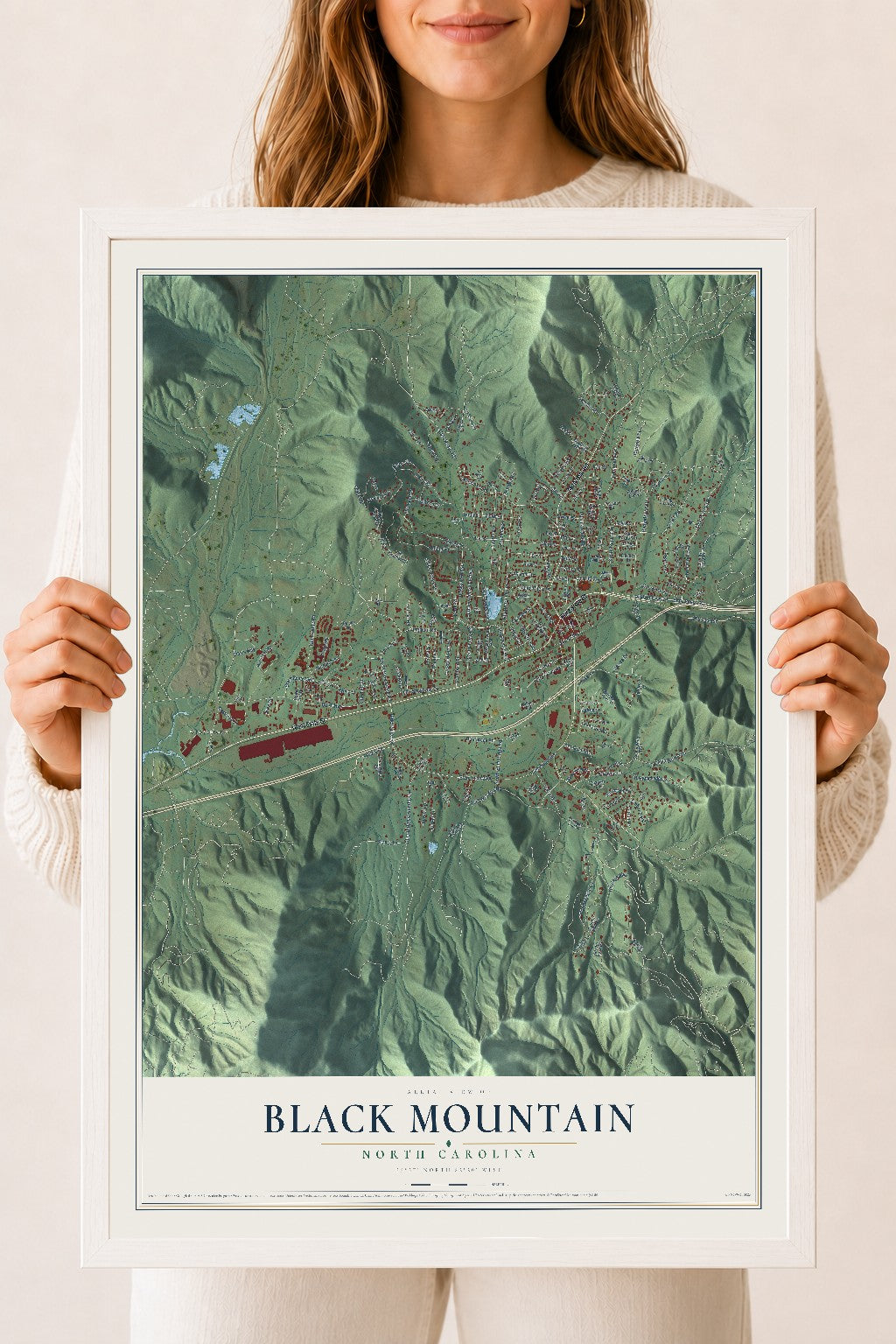 Map of Black Mountain, North Carolina, 18 x 24 inch print in a white wood frame