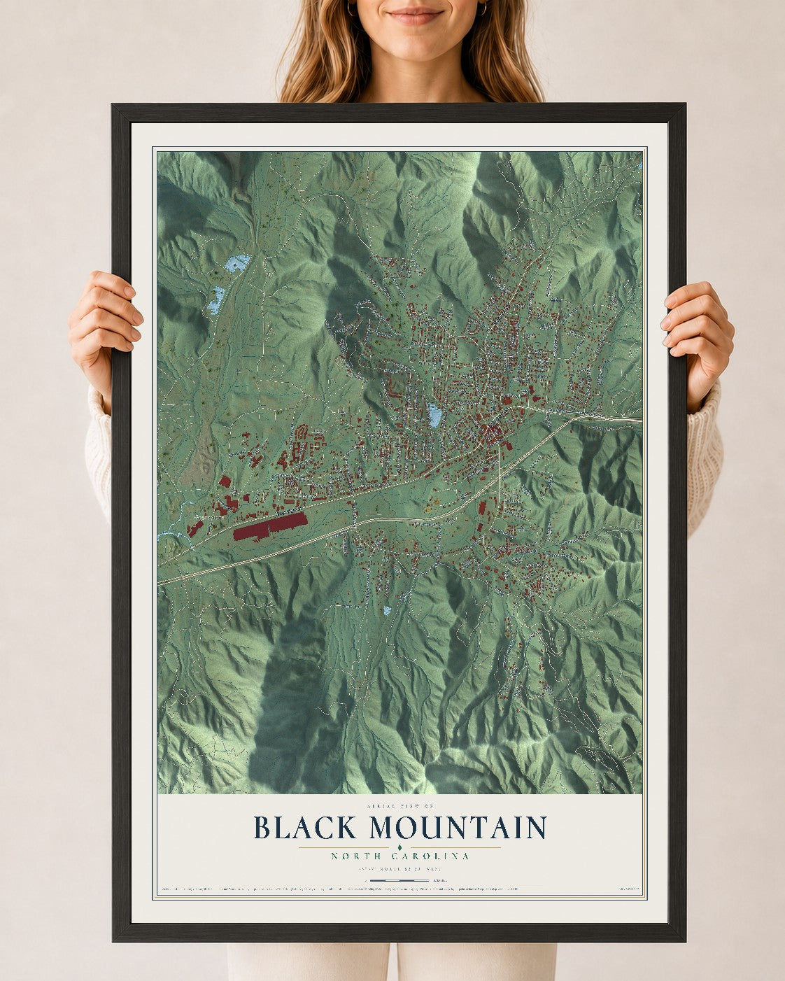 Map of Black Mountain, North Carolina, 24 x 36 inch print in a black wood frame