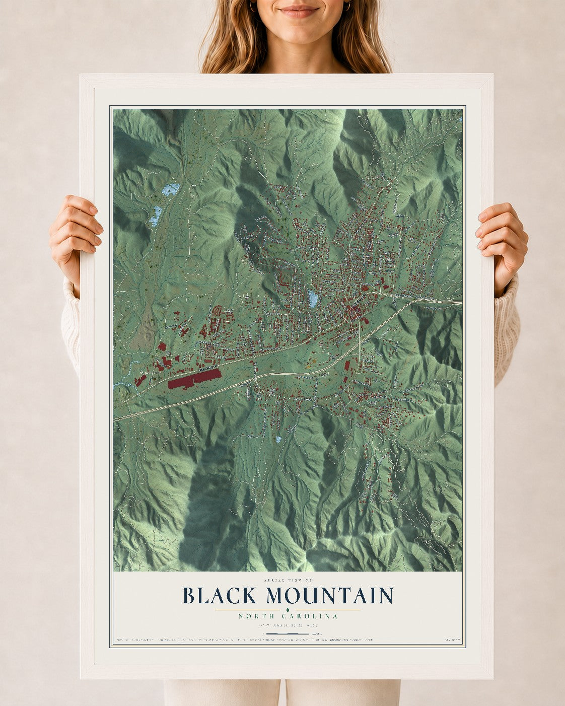 Map of Black Mountain, North Carolina, 24 x 36 inch print in a white wood frame