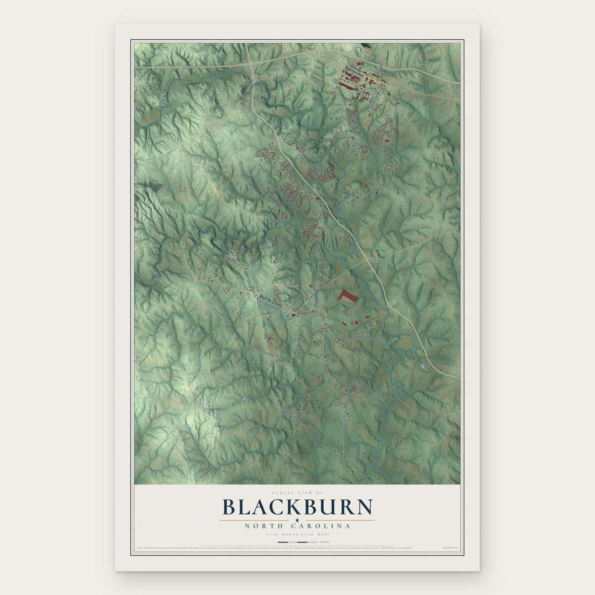 Blackburn, North Carolina map print, the full design