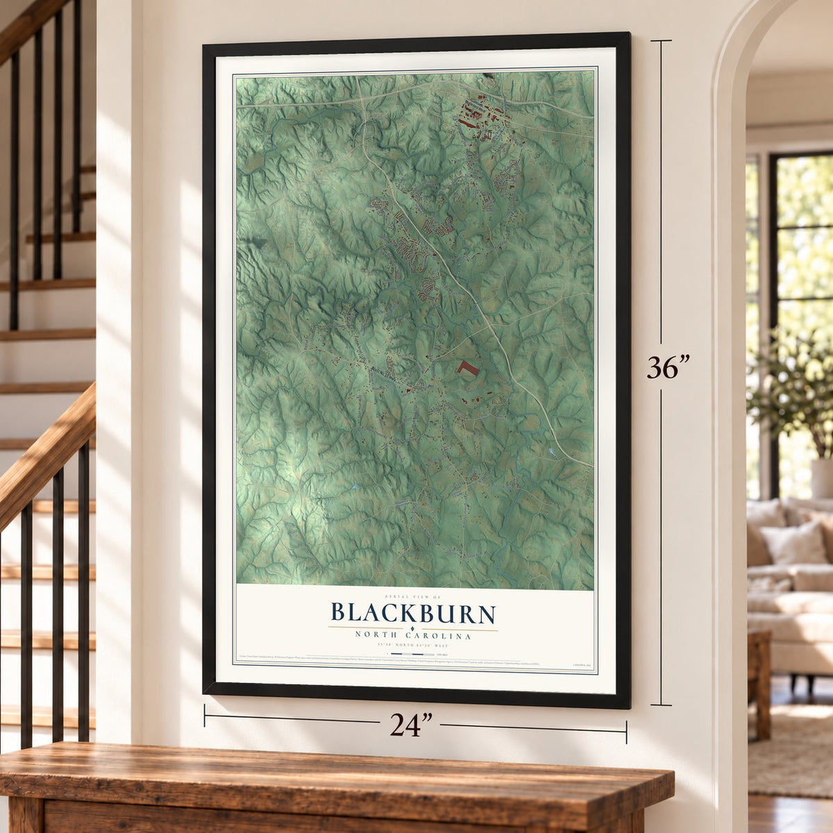 Blackburn, North Carolina map, 24 x 36 inch print in a black frame by a staircase