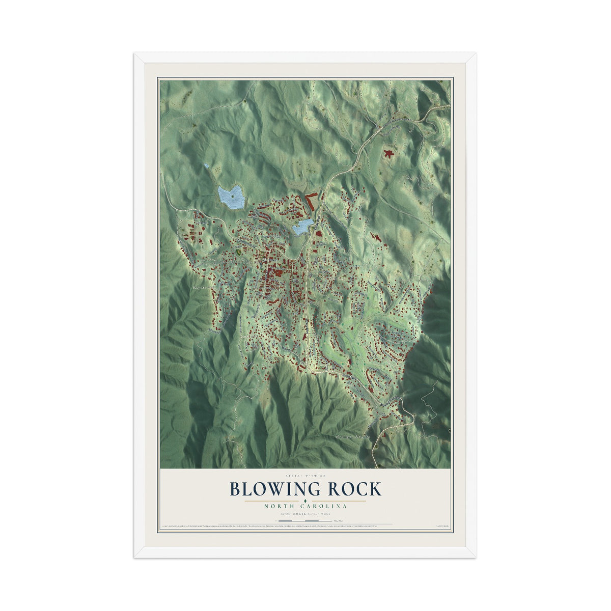 Map of Blowing Rock, North Carolina, 12 x 18 inch print in a white wood frame