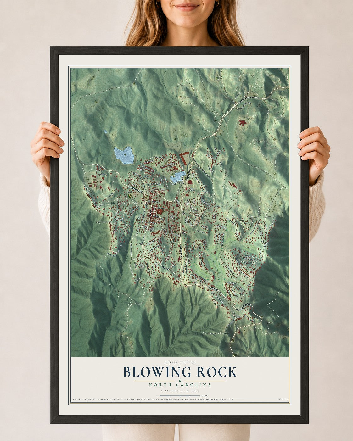 Map of Blowing Rock, North Carolina, 24 x 36 inch print in a black wood frame