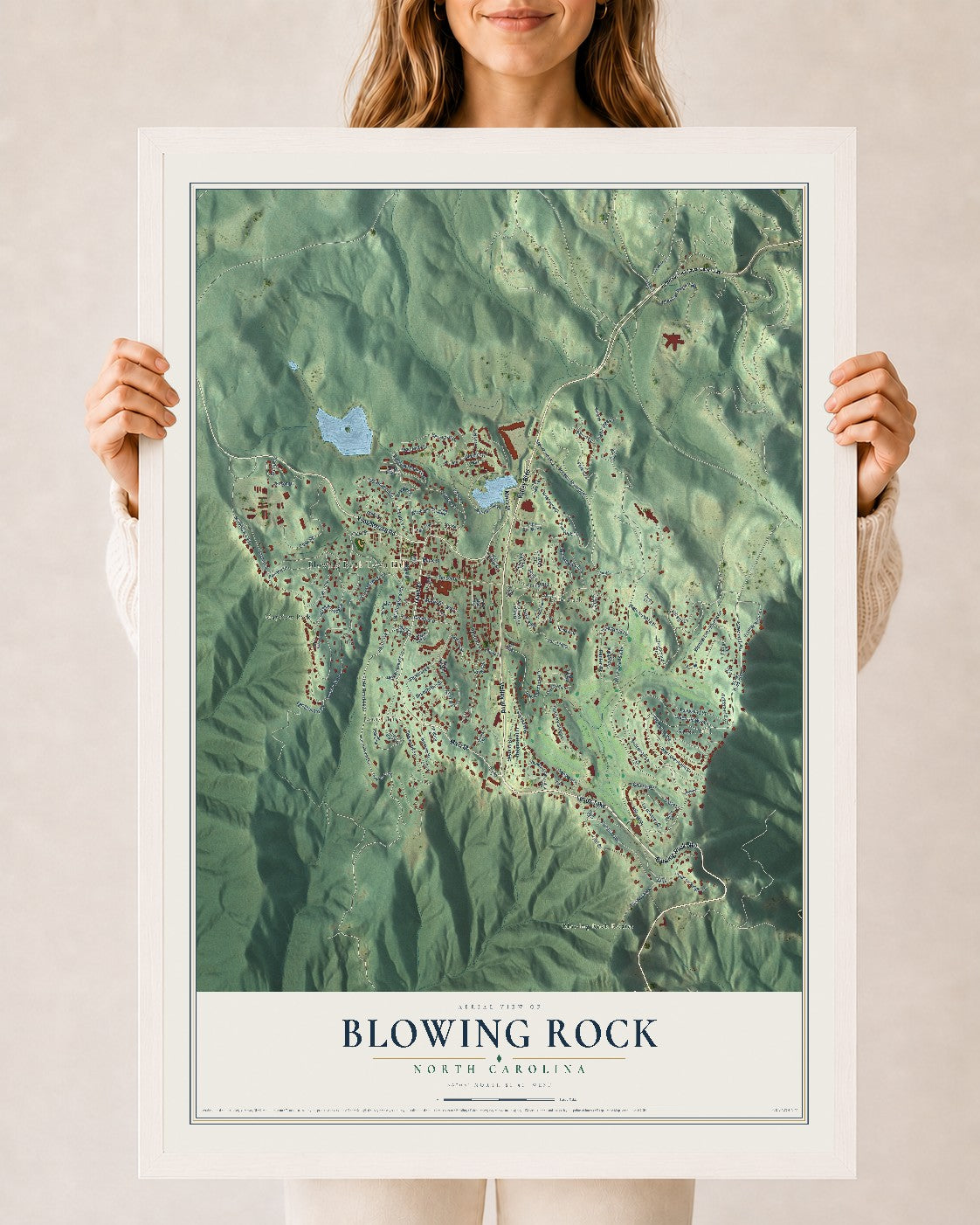 Map of Blowing Rock, North Carolina, 24 x 36 inch print in a white wood frame