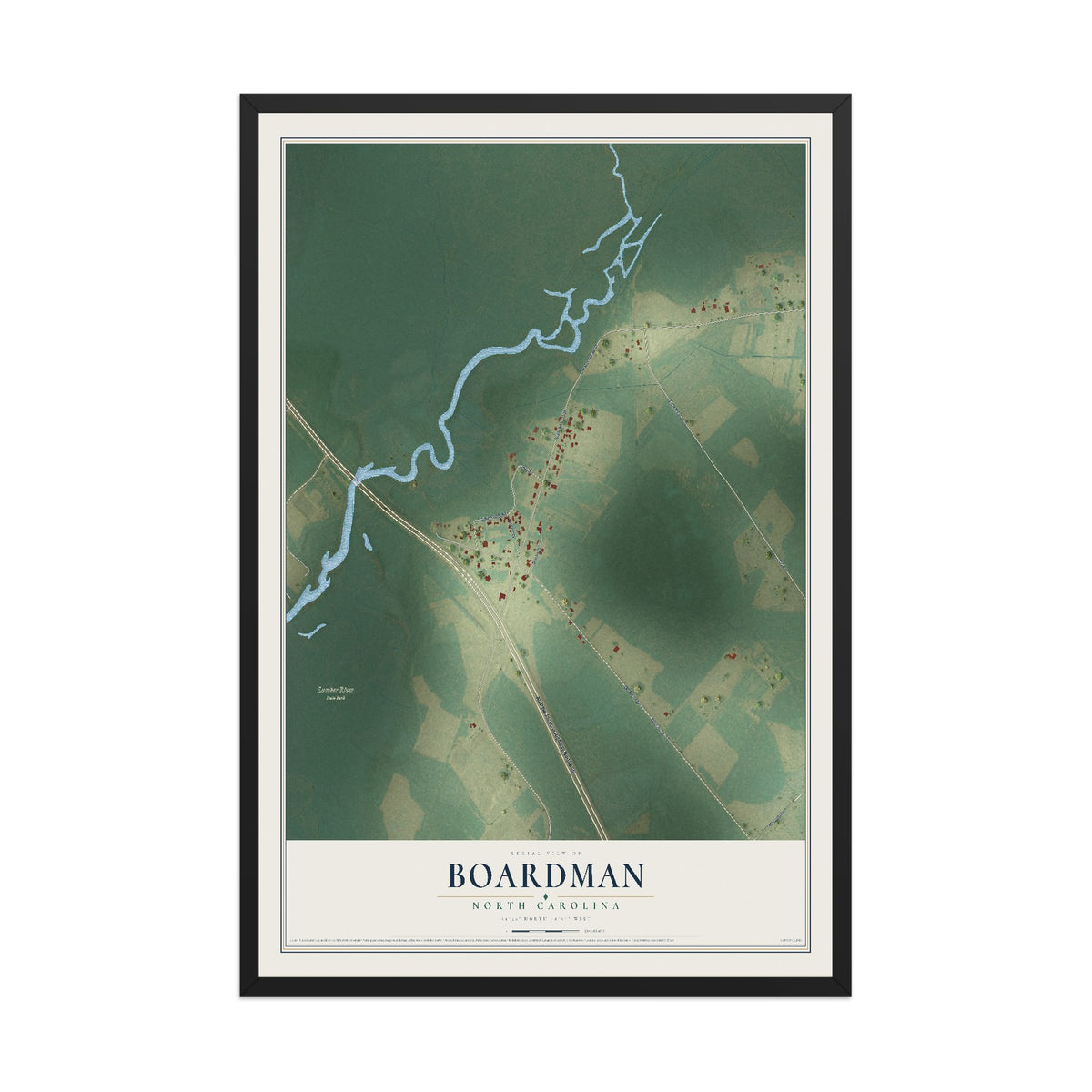 Map of Boardman, North Carolina, 12 x 18 inch print in a black wood frame