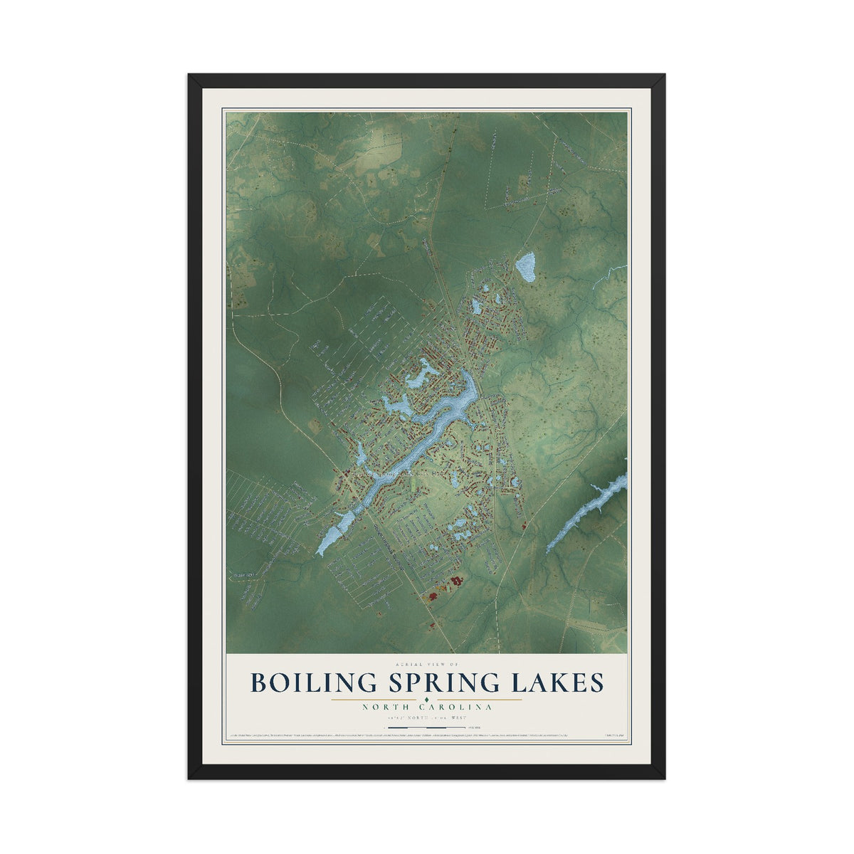 Map of Boiling Spring Lakes, North Carolina, 12 x 18 inch print in a black wood frame