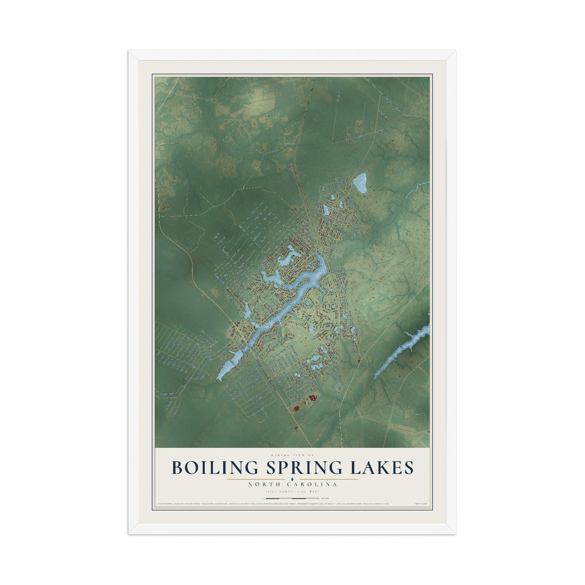 Map of Boiling Spring Lakes, North Carolina, 12 x 18 inch print in a white wood frame