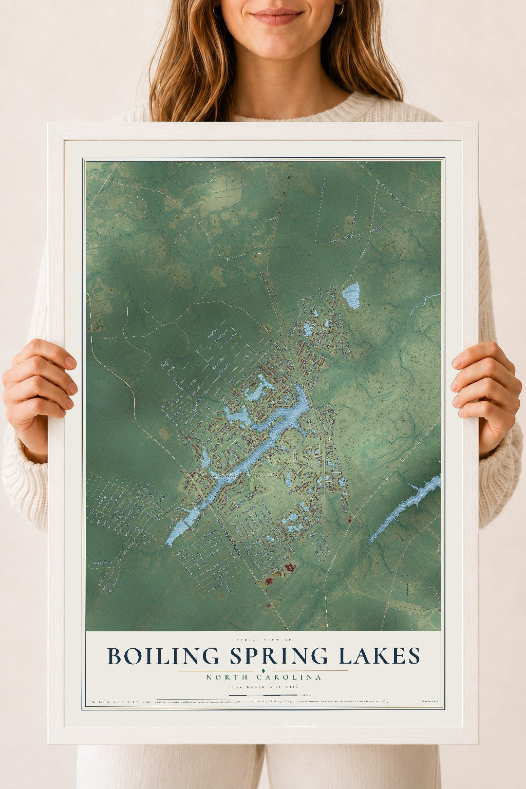 Map of Boiling Spring Lakes, North Carolina, 18 x 24 inch print in a white wood frame