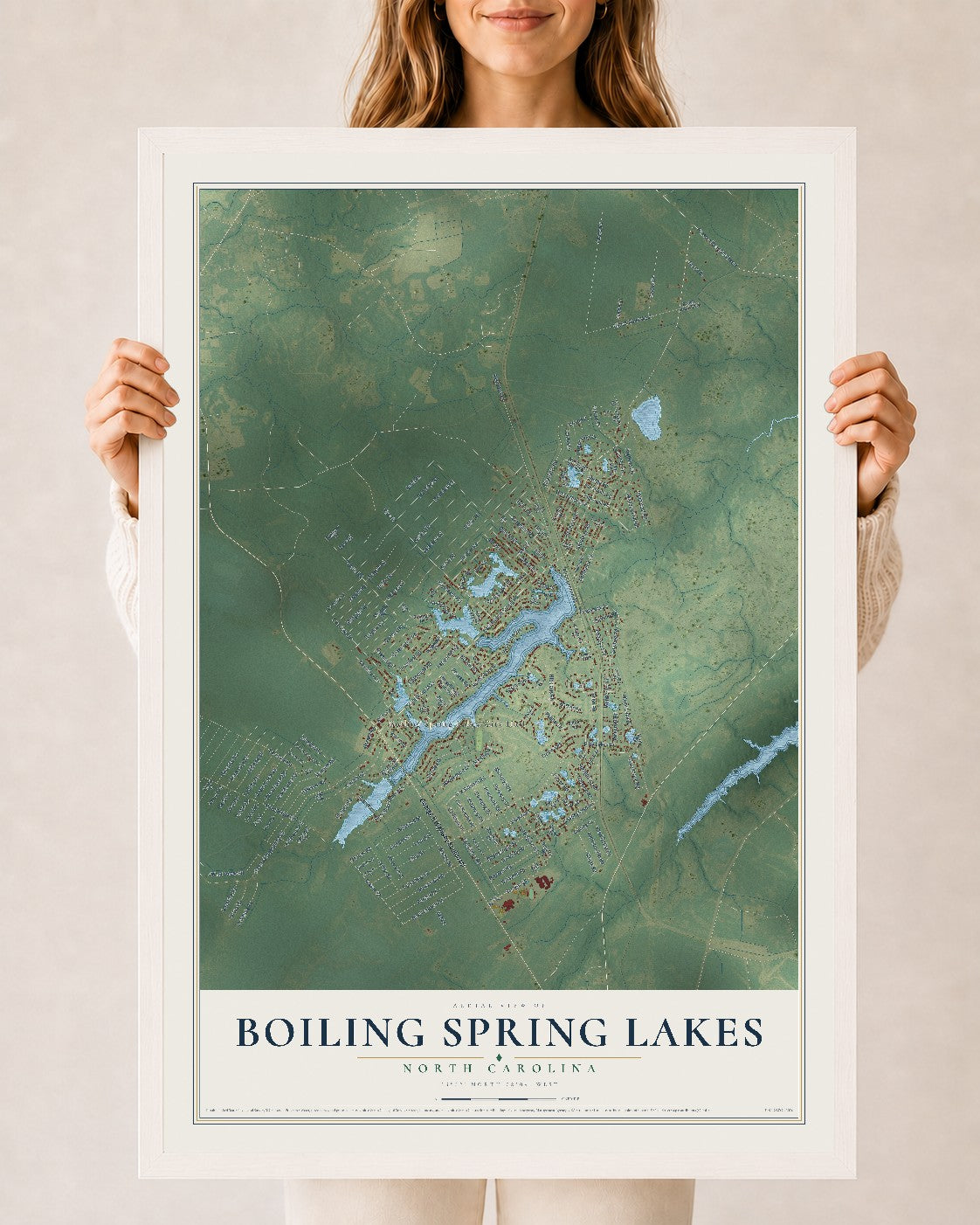 Map of Boiling Spring Lakes, North Carolina, 24 x 36 inch print in a white wood frame