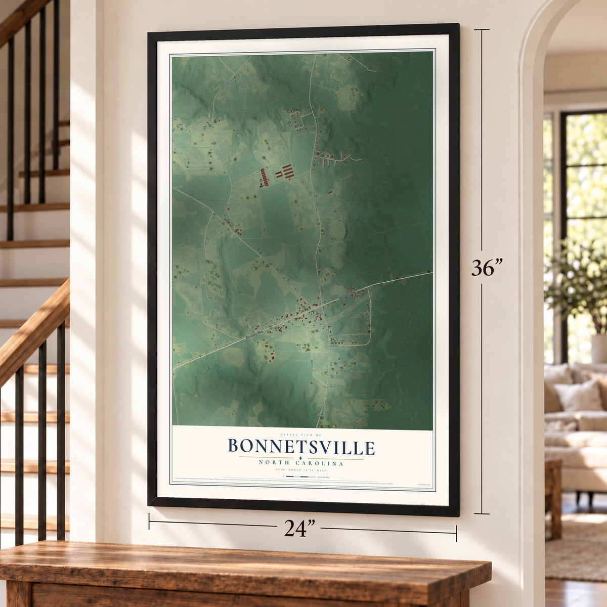 Bonnetsville, North Carolina map, 24 x 36 inch print in a black frame by a staircase