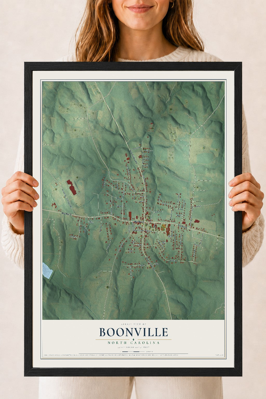 Map of Boonville, North Carolina, 18 x 24 inch print in a black wood frame