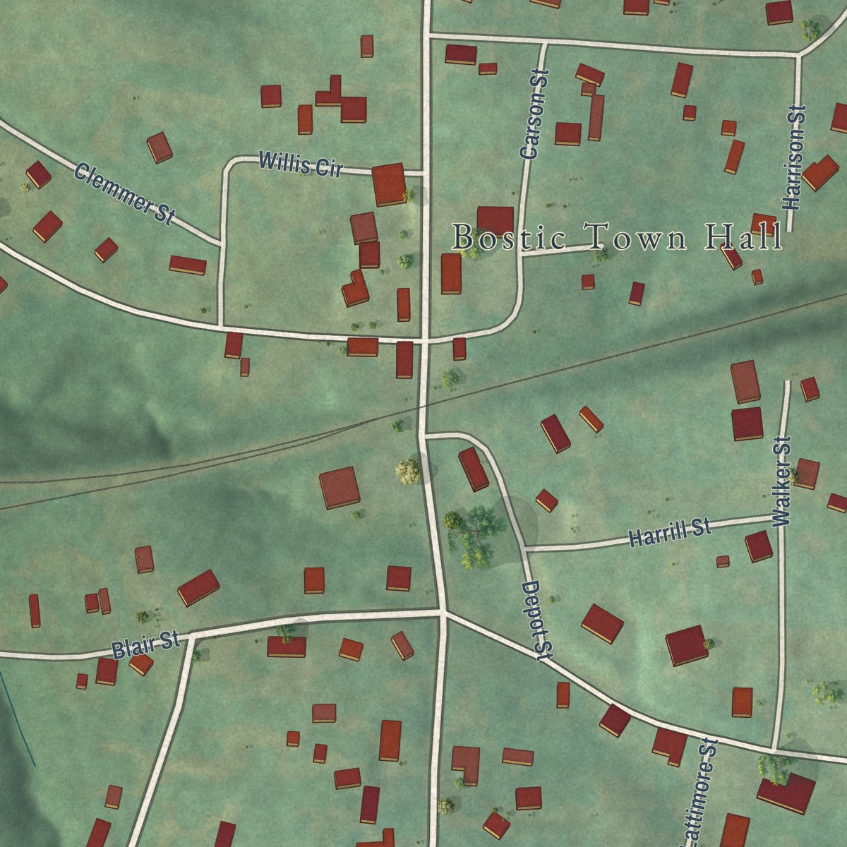 Close-up of the map of Bostic, North Carolina print showing street and building detail