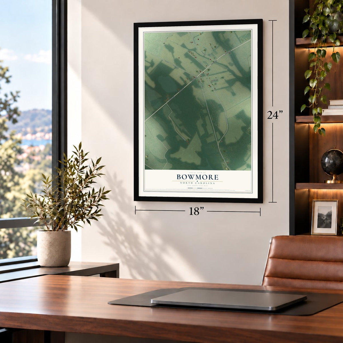 Bowmore, North Carolina map, 18 x 24 inch print in a black frame in a home office
