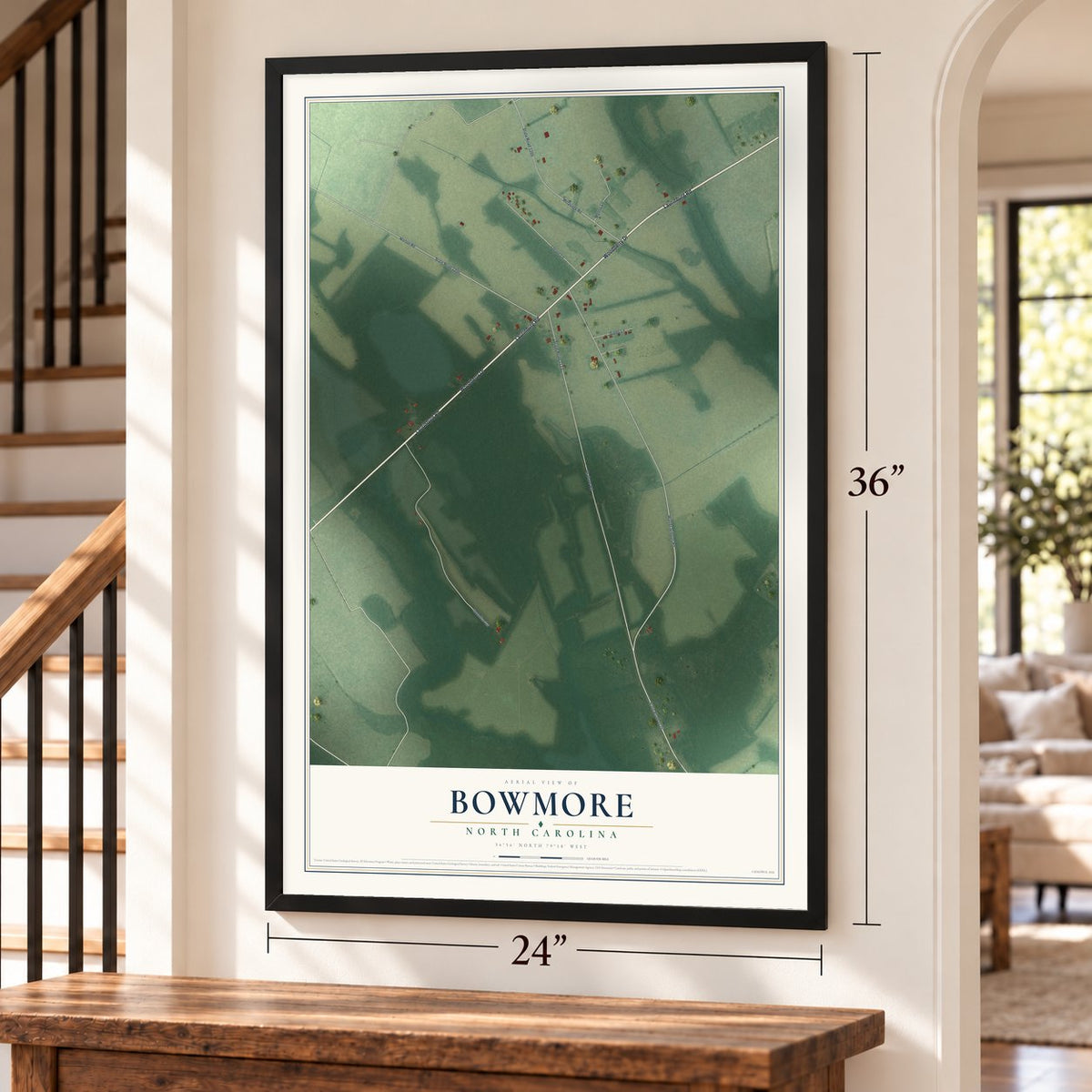 Bowmore, North Carolina map, 24 x 36 inch print in a black frame by a staircase