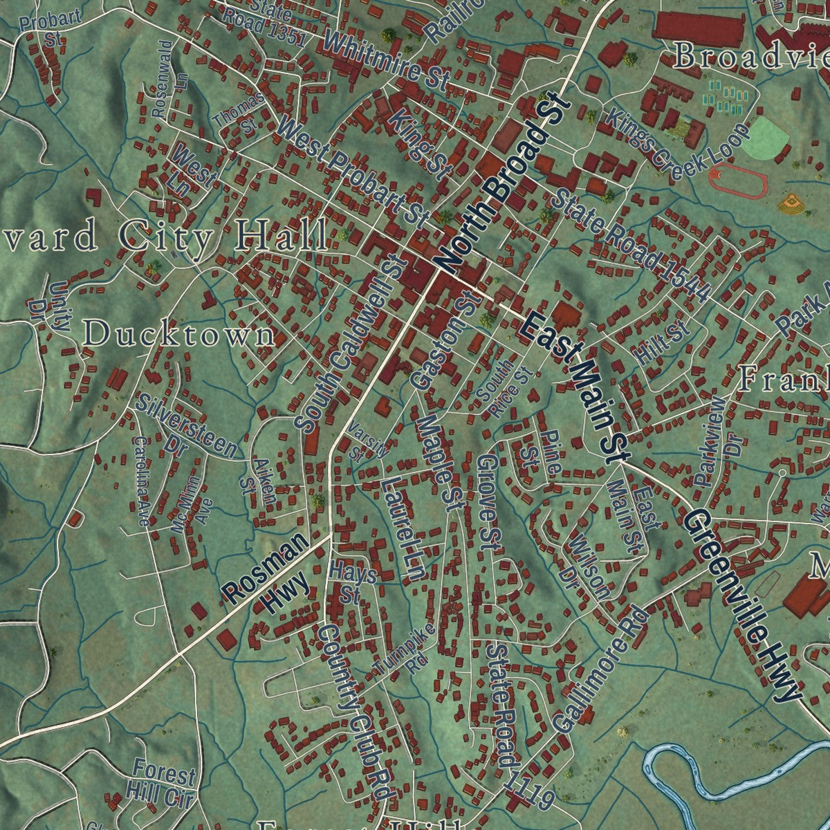 Close-up of the map of Brevard, North Carolina print showing street and building detail
