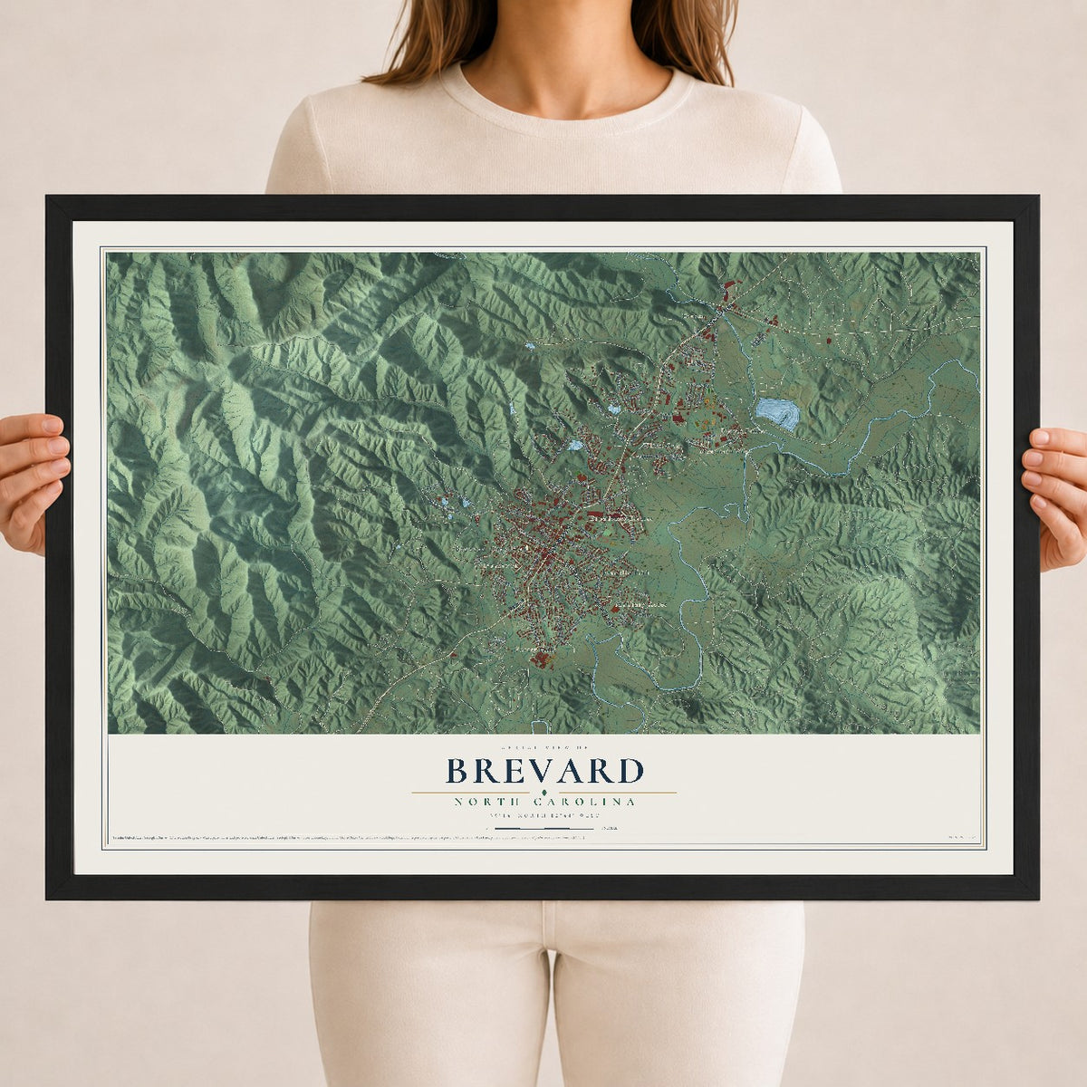 Map of Brevard, North Carolina, 18 x 24 inch print in a black wood frame