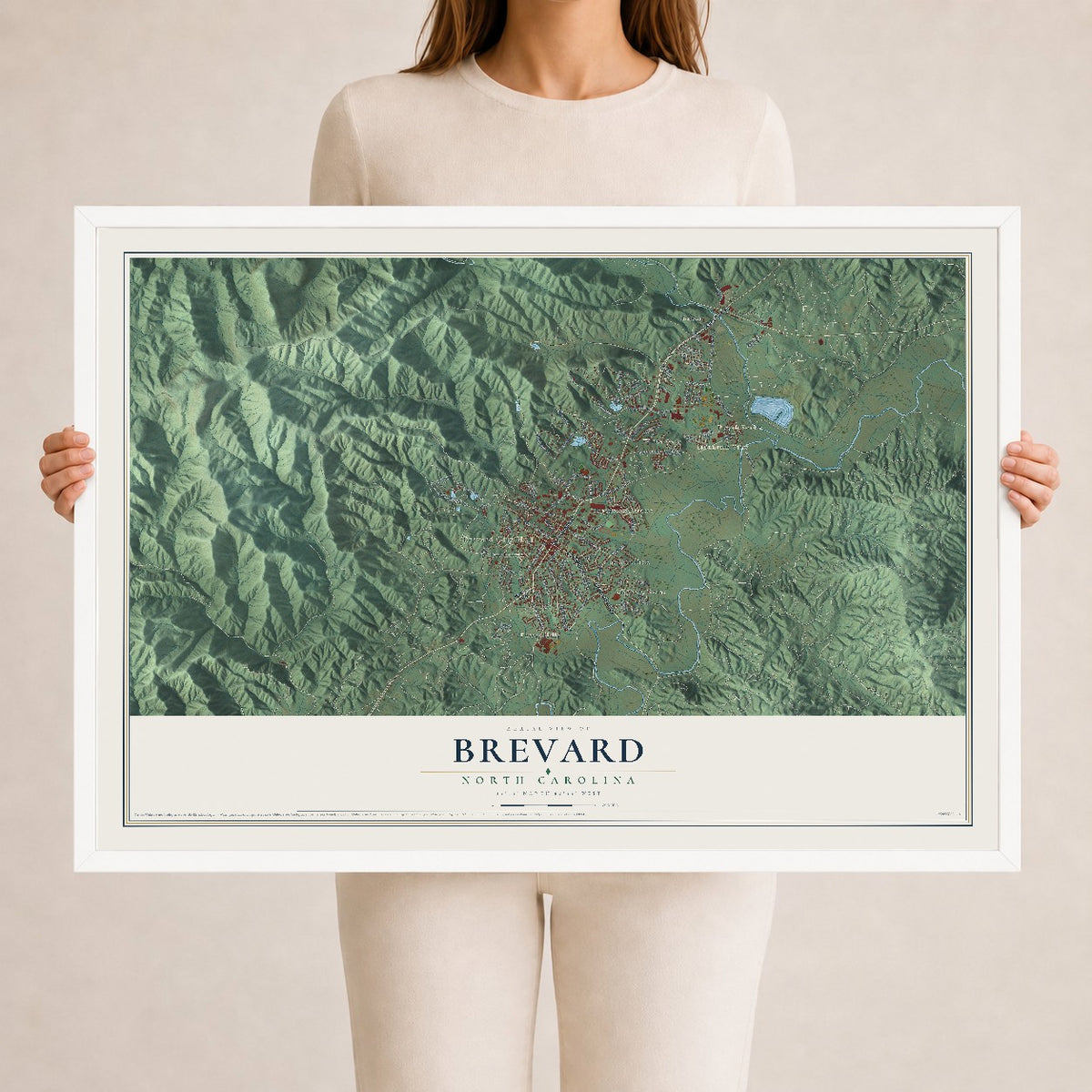Map of Brevard, North Carolina, 24 x 36 inch print in a white wood frame