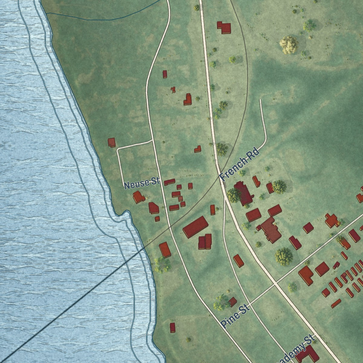 Second close-up of the map of Bridgeton, North Carolina print showing more streets and buildings