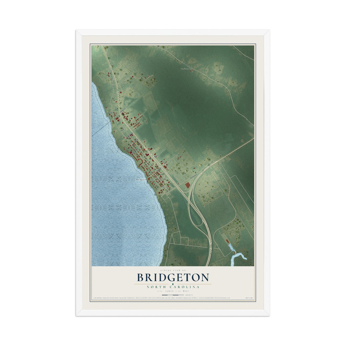Map of Bridgeton, North Carolina, 12 x 18 inch print in a white wood frame