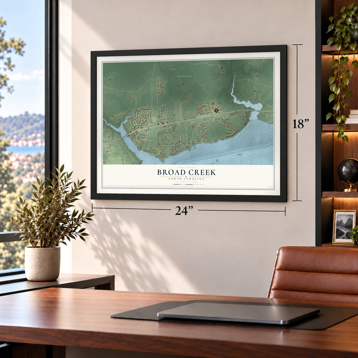 Broad Creek, North Carolina map, 18 x 24 inch print in a black frame in a home office
