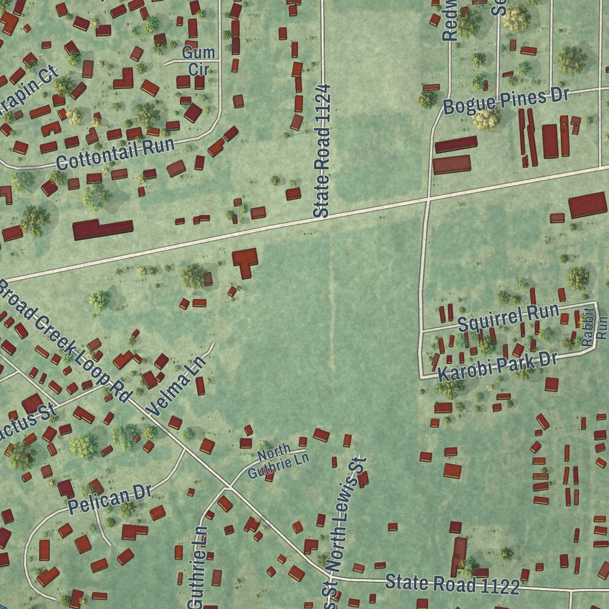 Close-up of the map of Broad Creek, North Carolina print showing street and building detail